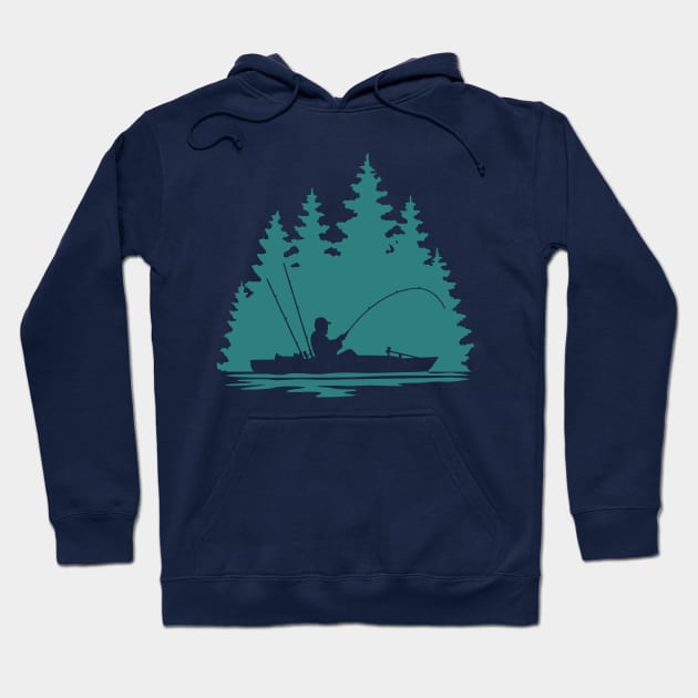 Kayak Fisherman Rural Forest Scene with Aqua Background Hoodie by SAMMO